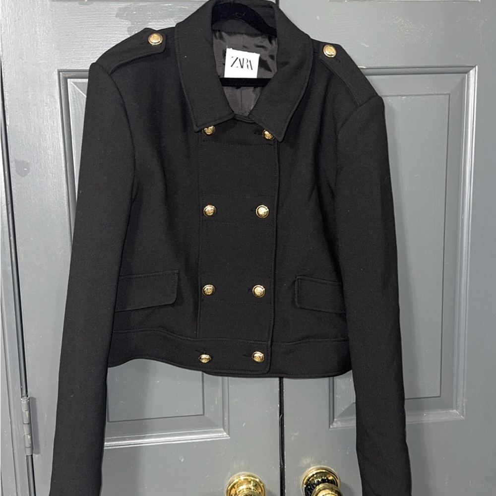 Zara Black Cropped Blazer with Gold Accents